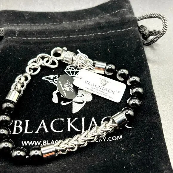 Blackjack BJB220NX Mens Genuine Onyx Bead & Stainless Steel Franco Bracelet NWT